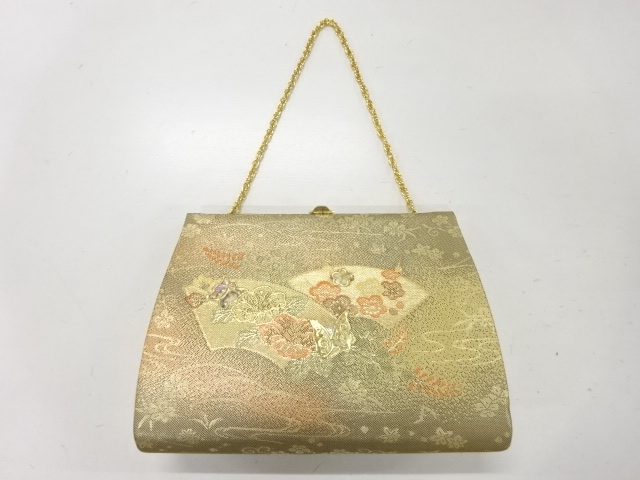 リサイクル　金彩螺鈿地紙に梅・蝶模様和装バッグ